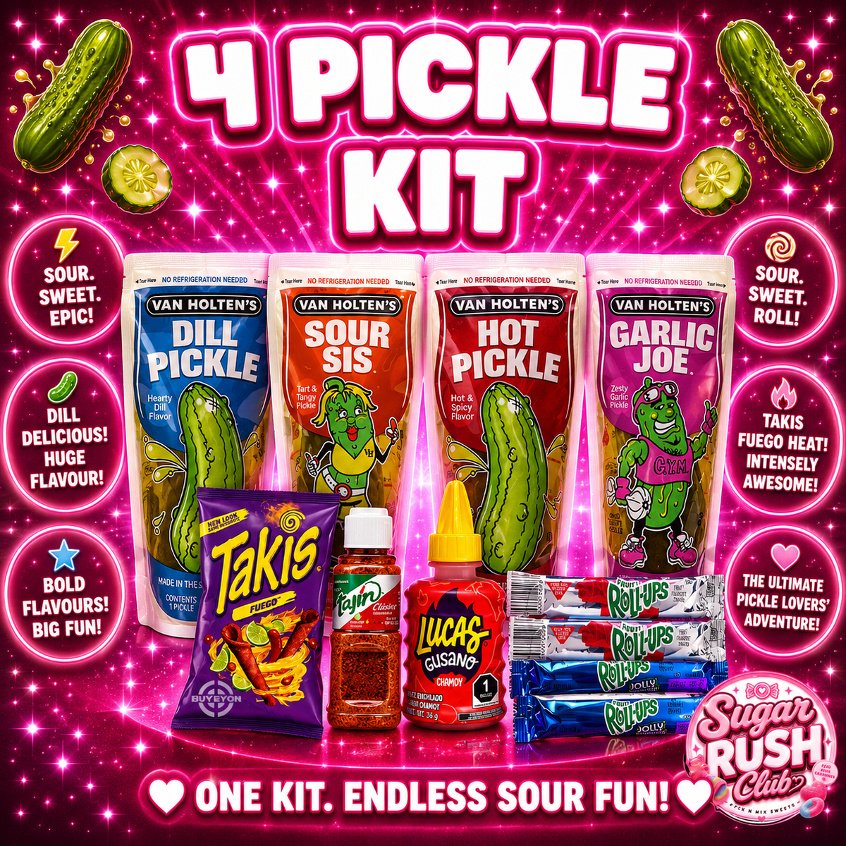 4 x Pickle Kits - Dill + Sour + Hot + Garlic Joe + Tajin + Chamoy + Fruit Roll + Takis